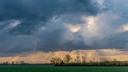 Dramatic sky filled with dark, stormy clouds, and a field, evoking a sense of awe and anticipation 