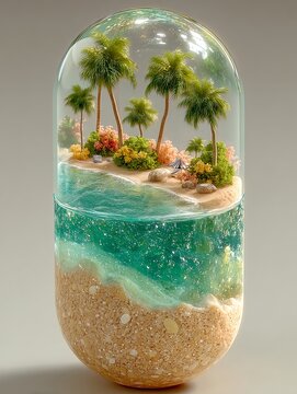 Miniature ocean beach with palm trees in a capsule, 3D illustration