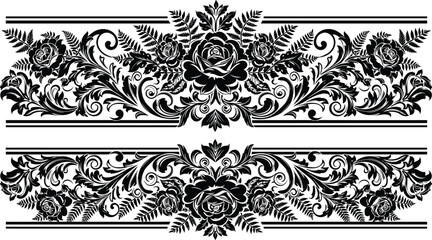 Ornate black and white floral border ornaments featuring detailed rose blooms, classical scrolls, and fern leaves for luxury wedding invitations, © Itz  Parvin