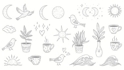 Bohemian Hand Drawn Elements Collection Celestial Nature and Lifestyle Icons.