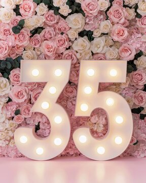 Illuminated Number 35 Among Pink Floral Backgrounds