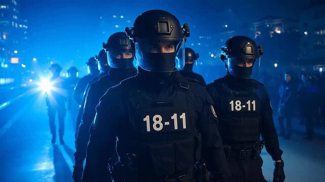 Police officers in tactical gear on patrol