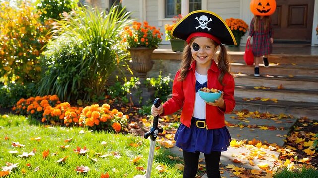 Child in pirate costume holding bowl and sword