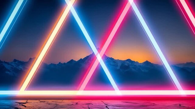 Neon triangles over mountain range abstract digital art illustration