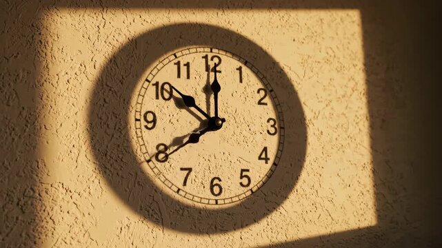 Close-up of a clock on a wall with shadow and sunlight.