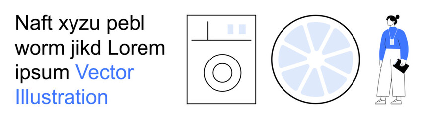 Fototapeta premium Digital design, business branding, appliance use, user manuals, modern art, creative layouts. Text block with washing machine, circular element and woman figure. Business branding and appliance use