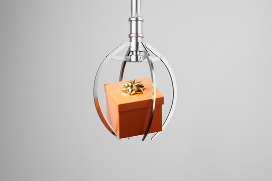 3D render of robotic claw lifting an orange gift box