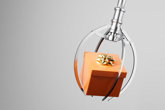 3D render of metallic claw holding wrapped gift box