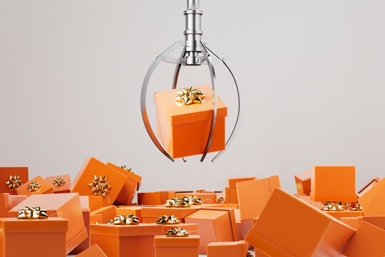 3D render of claw picking gift box from pile