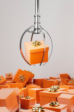 3D render of claw lifting gift box from stacked presents