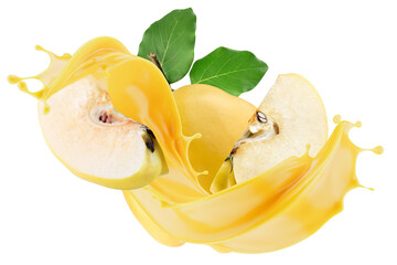 yellow quince in juice splash isolated on white background. Clipping Path
