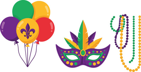 Colorful Mardi Gras celebration set featuring purple green and gold balloons a masquerade mask and beaded necklaces isolated on white.