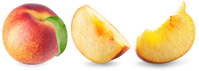 Peach fruit with leaf isolated on white background. Clipping Path