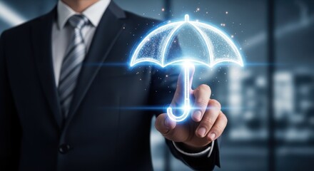 Businessman hand touching a glowing umbrella icon to represent insurance coverage and risk management.