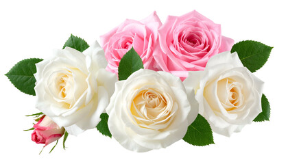 Obraz premium Close-up of roses, white and pink blossoms with green leaves, isolated