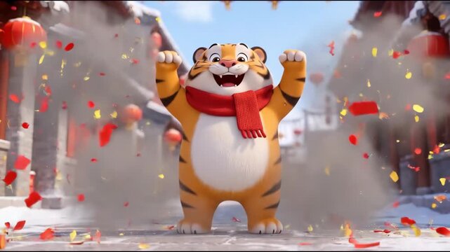 Cheerful tiger mascot wearing red scarf celebrating with confetti snowy festive street tiger mascot jumping over glowing firecrackers and snow