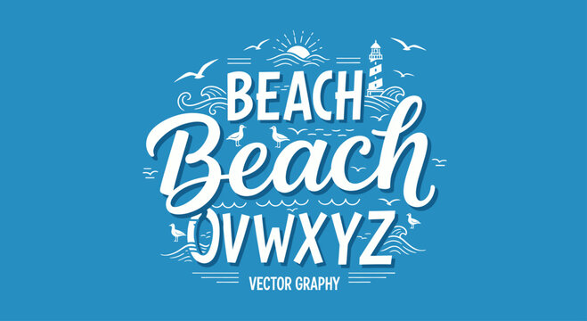Beach themed typography design with ocean elements and seagulls.