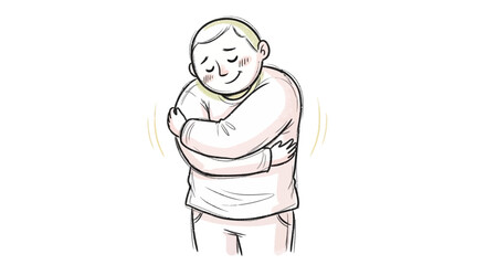 Fototapeta premium Illustration of a person hugging themselves with a smile, conveying self-comfort, happiness, and relaxation in a simple, white background environment.
