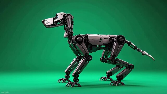 Futuristic robot dog with articulated limbs stands alert on a vibrant green background.