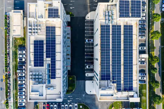 Solar panels on office building rooftop
