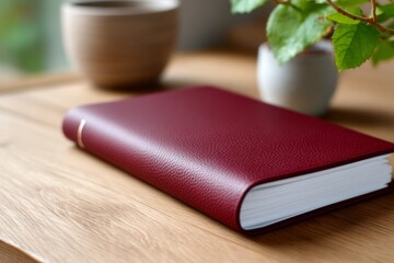 Fototapeta premium Independent Bookbinders Press Releasing Pressure on Newly Created Leather Journal and Plant
