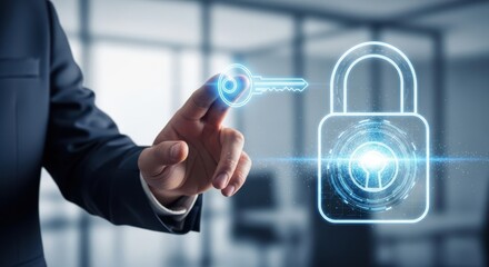 Businessman's hand touching a virtual key entering a lock, representing problem solving and unlocking potential.