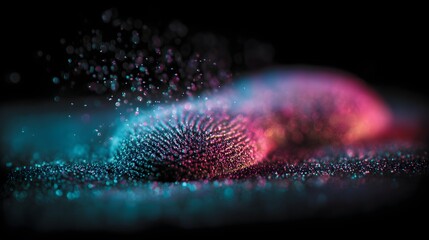 Abstract fingerprint with glowing particles and vibrant colors on a dark background.