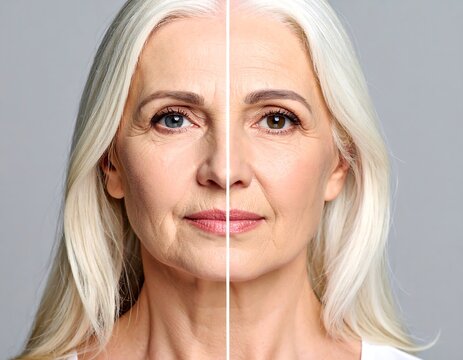A split-face portrait of a mature woman, showing two different eye colors and a comparison across the vertical midline