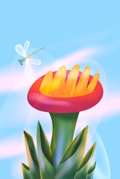 Bright flower with dragonfly on blue sky