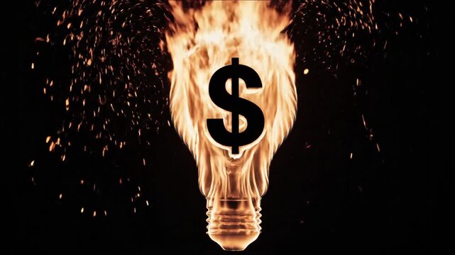 A burning lightbulb with the dollar sign, suggesting loss. Fiery energy erupts from the bulb