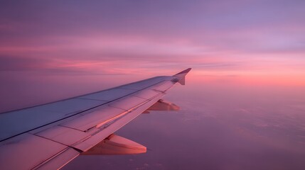 Fototapeta premium Airplane wing soaring through the vibrant sunset sky, capturing the beauty of flight.