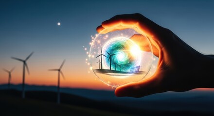 Cinematic shot of a hand holding a glowing energy ball representing renewable power sources like wind and solar