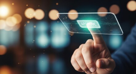 Macro shot of a male hand pressing a virtual approval button on a transparent interface with strong depth of field and bokeh background