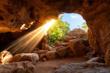 Obraz premium Natural Cave with Skylight Opening Allowing a Beam of Daylight to Illuminate the Interior