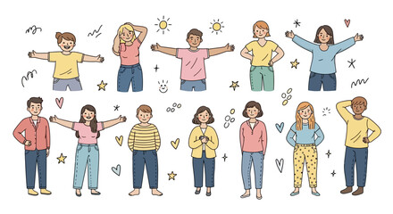 Fototapeta premium Diverse group of people celebrating with open arms and joyful gestures in a whimsical illustration