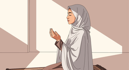 A Muslim woman in a white hijab and robe praying indoors during Ramadan with hands raised.
