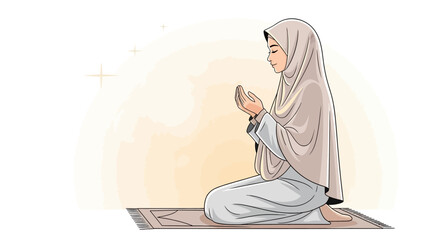 A Muslim woman in hijab praying with Quran during Ramadan on a prayer mat.