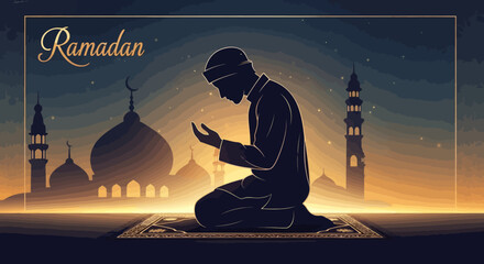 A Muslim man in prayer during Ramadan with a mosque in the background at sunset.