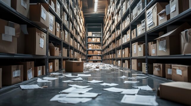 Chaotic Warehouse Aisle Filled With Unorganized Boxes