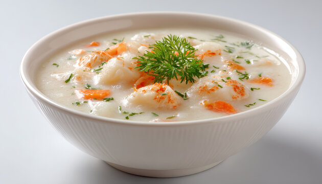 Creamy Shrimp Chowder in White Bowl Garnished with Fresh Dill