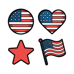 A set of patriotic American icons including flags and stars on a white background.