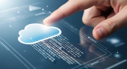 Close up of a finger selecting a cloud icon that rains binary code, symbolizing data syncing and download streams.