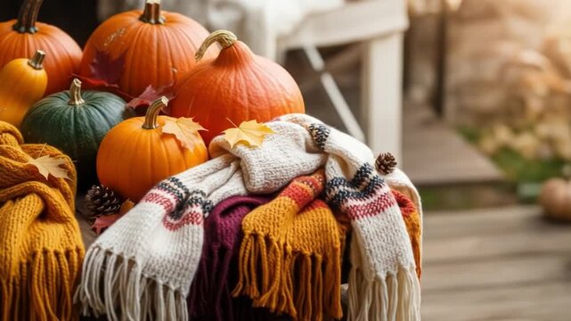 A colorful arrangement of pumpkins and wrapped blankets on a wooden table outdoors. Perfect for autumn, seasonal marketing, and harvest-themed designs.
