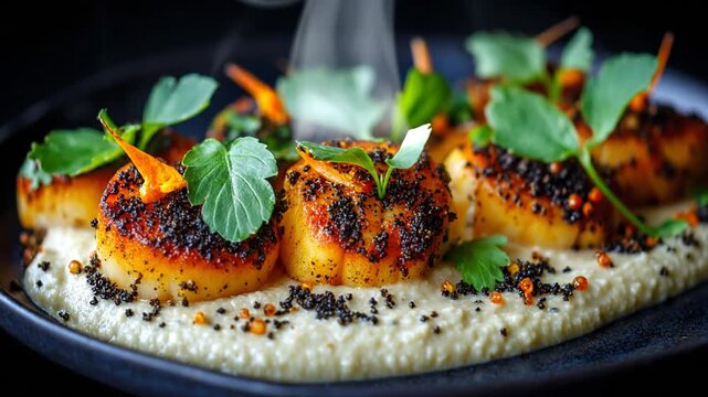 Seared scallops on creamy sauce with fresh herbs and garnishes. Black plate, dark background, culinary delight