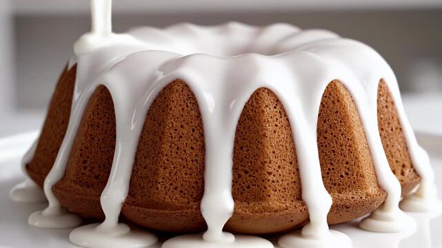 A bundt cake is drizzled with white icing