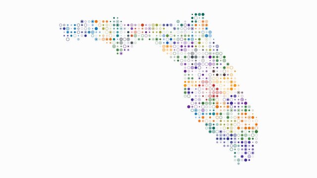 Florida animated shape. Pulsating colored dots on the map of the state. Small size circle blocks. Digital style Florida map on white background. Awesome animation video.