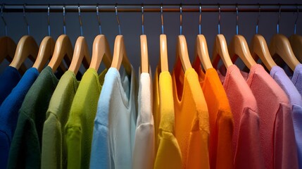 Colorful Array of T-shirts Hanging on Wooden Hangers in a Clothing Store.