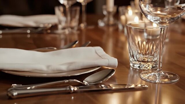 Elegant silverware and glassware on a polished wooden table