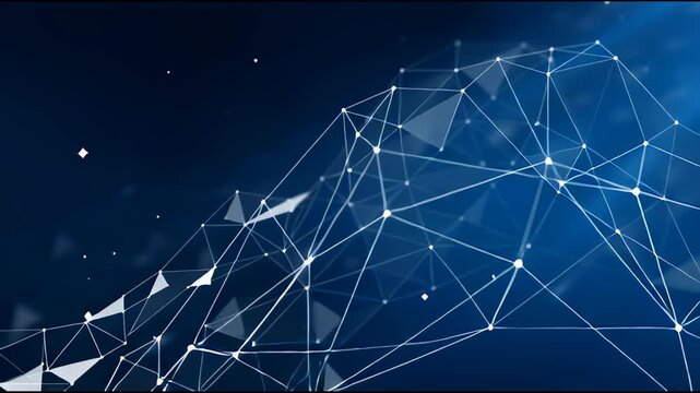 Machine learning visual network connection polygon abstract data background with geometric shape technology pattern and blue digital wave futuristic