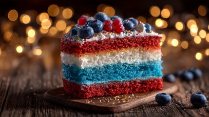Celebrating USA Semiquincentennial anniversary with a red, white, and blue layer cake on a wooden table with bokeh lights in the background